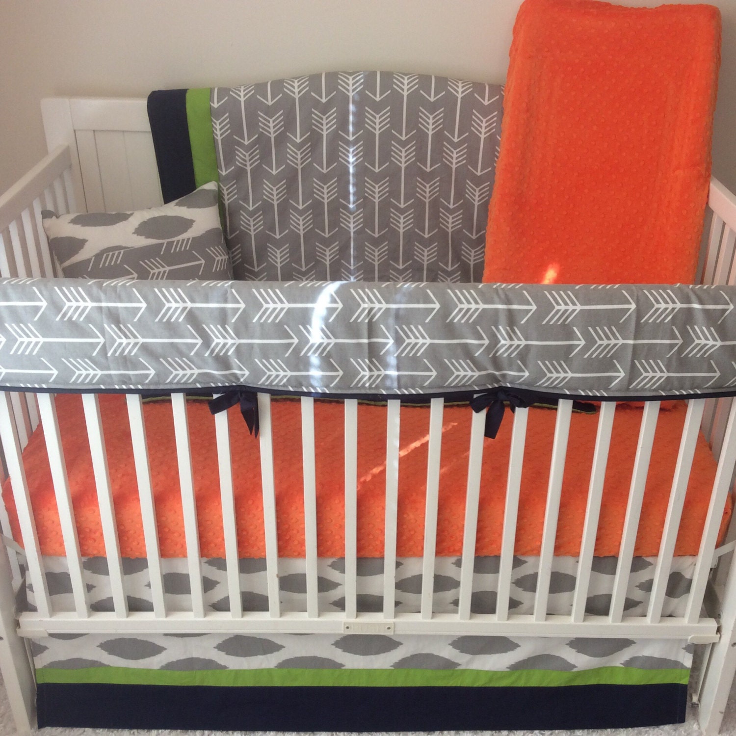 Baby Boy Crib Bedding Set Woodland Gray Orange Lime Green Navy