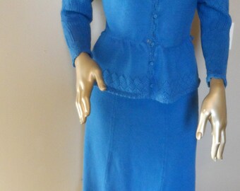 Vintage 1970's Knit Suit* Size Small . MISS JOANN CALIFORNIA . Blue . Retro . Peplum . Elegant . Classy