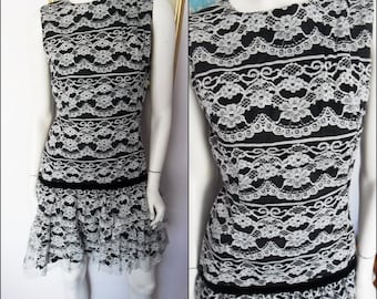Vintage 60s Black White Lace Mod Ruffle Drop Waist Mini Dress.Small.Bust 36.