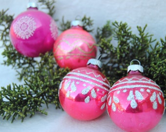 Pink stenciled Shiny Brite ornaments
