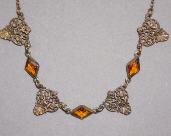 Necklace Art Deco Amber Glass Brass Filigree Setting