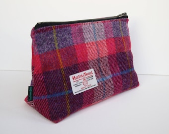 Harris Tweed big make-up bag in pink and purple tartan with water-resistant lining