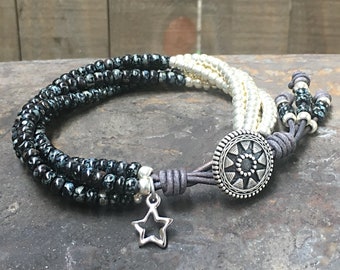 Western Beaded Leather Wrap Bracelet/ Seed Bead Leather Wrap Bracelet/ Bohemian Black Bracelet/ Mens Wrap Bracelet/ Boho Wrap Bracelet.
