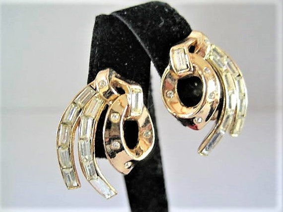 Crown Trifari Earrings, Channel Set Rhinestones, Pat Pend Clip Ons, Book Piece