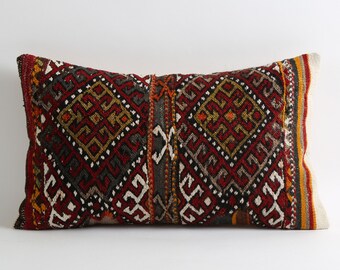 Lumbar kilim pillow cover, 80 years old bohemian pillow, 12x20 boho pillow