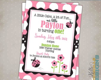 Custom Pink Ladybug Girl's Birthday Party Invitation, Children's 1st Birthday Invite, Printable #B111