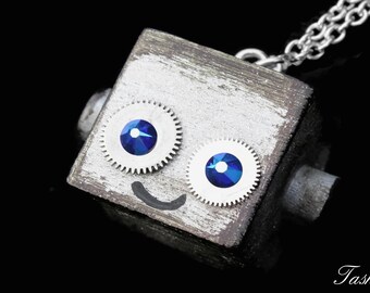 Steampunk Robot Charm Necklace, Recycled Pendant, Vintage Found Object Art Jewelry