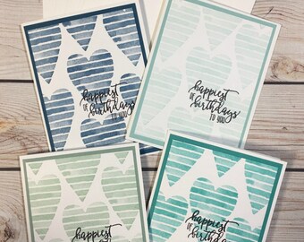 4 Handstamped Birthday Greeting Card Set, Handmade Birthday Cards, Watercolor Stamped Hearts, Shades of Green and Blue, Gender Neutral