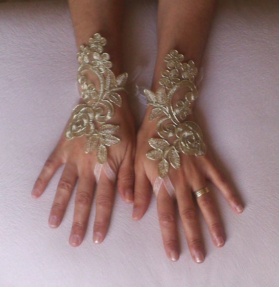 Gold Wedding gloves bridal gloves fingerless lace bohemian accessories gloves french lace burlesque gloves gauntlets guantes