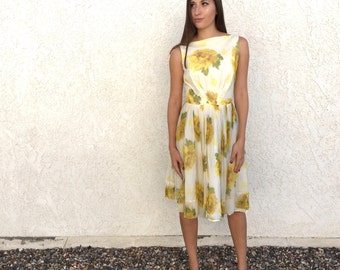60's chiffon yellow floral dress