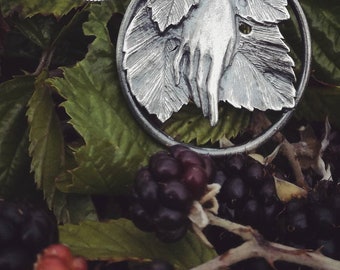 Harvest Pendant in Sterling Silver, 85cm Chain, Nature inspired hand with leaves.