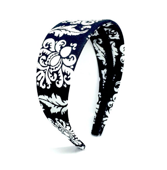Wide Damask Headband Preppy Black and White Damask