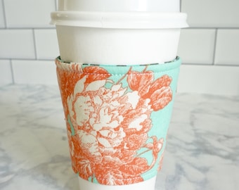 Reusable Coffee Sleeve-Aqua/Orange Floral Print