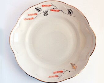 Large ceramic cake plate with birch leaves and catkins decor, off white, gold, orange, vintage scalloped edge plate, Riga Porcelain Factory