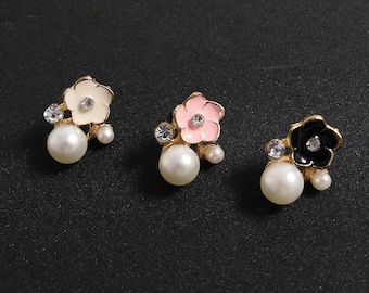 Elegant Cherry Blossoms Gold Brass Pearl silver stud earrings/Youth simple dainty diamond ear studs/everyday post earrings(SE043)