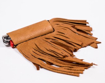 Tan Leather Fringe Lighter Sleeve