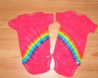 Twins Tie dye onesie, all sizes, Pink Rainbow tie dye twins, tie dye baby onesie