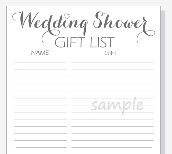 DIY Wedding Shower Gift List Printable Calligraphy Script