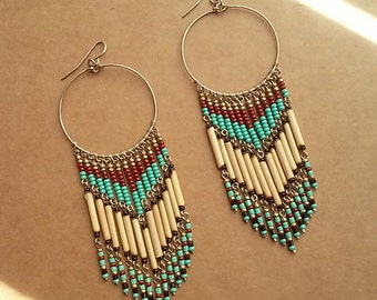 Boho Earrings, Chandelier Earrings, Turquoise Bead Earrings, Native American Inspired Earrings, Southwest Earrings, Hoop Chandelier Earrings