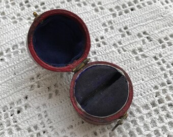 REDUCED Antique Victorian Ring Box Vintage Jewellery Jewelry Presentation Case Round Shape Red Leather Clad