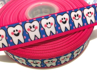 1" Teeth Ribbon, Teeth Grosgrain Ribbon, Dental Ribbon, Dental Grosgrain Ribbon, Tooth Ribbon, Tooth Printed Ribbon, Tooth Grosgrain Ribbon