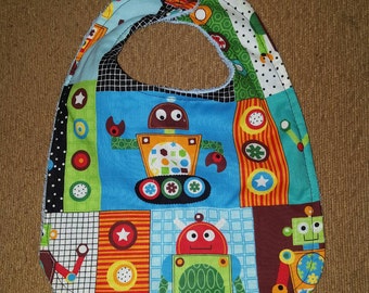 Handmade Large Colorful Robots Baby Boy Bib Cotton Terry Cloth