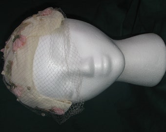 Cream with Pink Floral Pillbox with Veil, Reclaimed