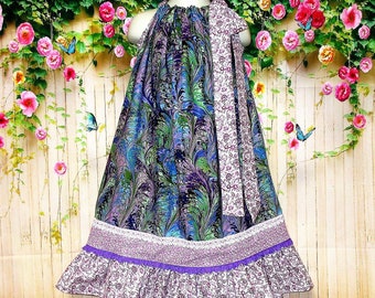 Springtime Girls Dress 6/7 Purple, Green, Swirls, Flowers Pillowcase Dress, Pillow Case Dress, Sundress, Boutique Dress