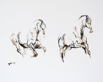 Horse gallop, Animal, Modern Original Fine Art, Contemporary Art, Acrylic ink Painting of a Horse in motion