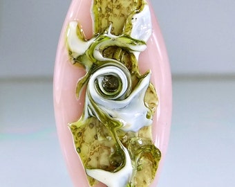 Pink Green Ivory Lampwork Focal Bead