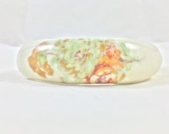 Vintage Les Bernard Rose Floral Cuff Bracelet White Green Pink Ceramic