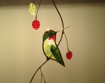 Turned Hummingbird with Berries stained glass suncatcher