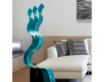 abstract aqua freestanding metal sculpture handmade indoor outdoor modern metallic garden art aqua