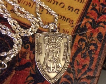 Sterling Silver St Michael Medal Badge Patron Saint Police Officers Firefighters Marines Necklace Pendant w/Heavy Sterling Rope Chain