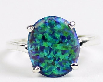 Created Blue Green Opal, 925 Sterling Silver Ladies Ring, SR055