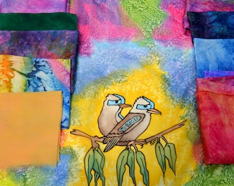 Hand dyed Silk Fabric Bundle, Australian Bird Panel, Textile Art, Crazy Patchwork, Kookaburras. Silk by SallyAnnesSilks on Etsy BPB4