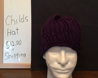 Purple hand made childs winter hat