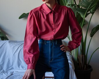 70s pink puff sleeve blouse / gathered shoulder shirt / s / m / 3400t / B18