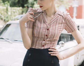 1940s Style Red Striped Blouse - Vintage Swing Retro Shirt- Short Sleeves