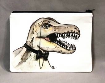 Dapper Dino - Zipper Pouch - Fancy Tyrannosaurs Rex With Bow Tie and Monocle - Art by Marcia Furman