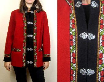 Vintage 90s Norway Nordic Fair Isle wool red jacket coat size 44