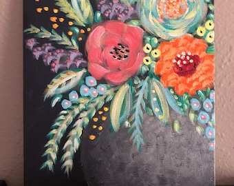 Impressionist Original Art|| 8x10 Acrylic on Canvas||Flowers in Concrete Vase