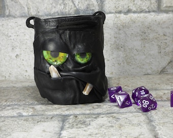 Dice Bag Marble Bag Fairy Pouch With Monster Face RPG LARP Drawstring Bag Rune Bag Magic The Gathering Gamer Gift Black Leather 823