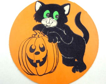 Vintage Halloween Die Cut Decoration with Flocked Black Cats and Neon Orange Grinning Jack O Lantern
