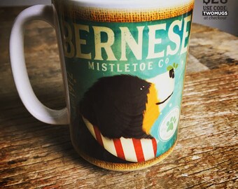 Bernese Mountain dog Berner dog mistletoe holiday christmas Coffee company graphic art MUG 15 oz ceramic coffee mug