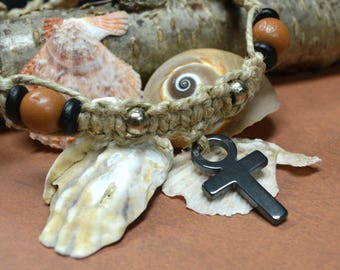 Surfer Phatty Thick Hemp Necklace With Glass Beads Ankh Cross Heart Fish Pendant Choker