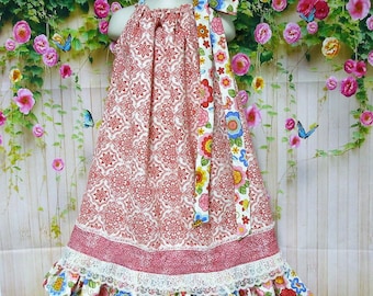 Girls Dress 6/7 Springtime Dress Red, Cream, Damask Design, Flower Pillowcase Dress, Pillow Case Dress, Sundress, Boutique Dress