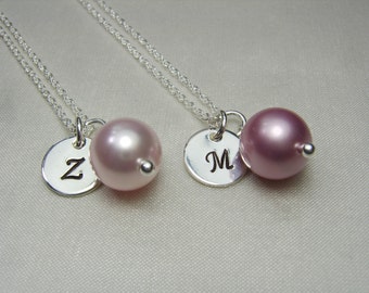 Bridesmaid Necklace Set of 6 Bridesmaid Jewelry Pearl Monogram Necklace Bridesmaid Gift Initial Necklace Personalized Spring Wedding Jewelry
