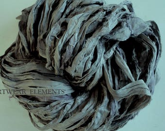 Pure Sari Silk, Vintage Art Deco Silver Gray Lavender, Fair Trade, 6 Yards, UniqueTextile, Art Yarn, Yarn, Ribbon, ArtWear Elements #9b
