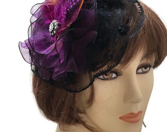 Black and Purple Fascinator, Lace Headpiece, Plum Fascinator, Kentucky Derby Fascinator